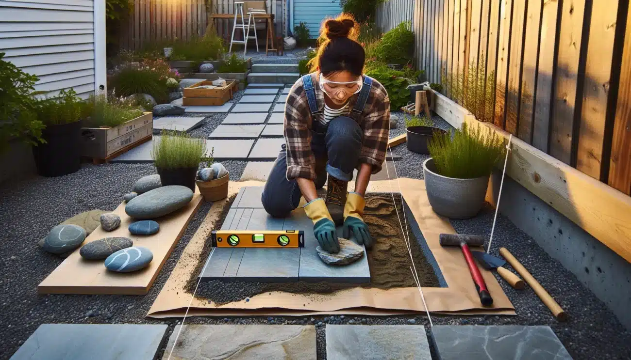 Beginner laying slate stepping stones in a norwegian garden with stone edging