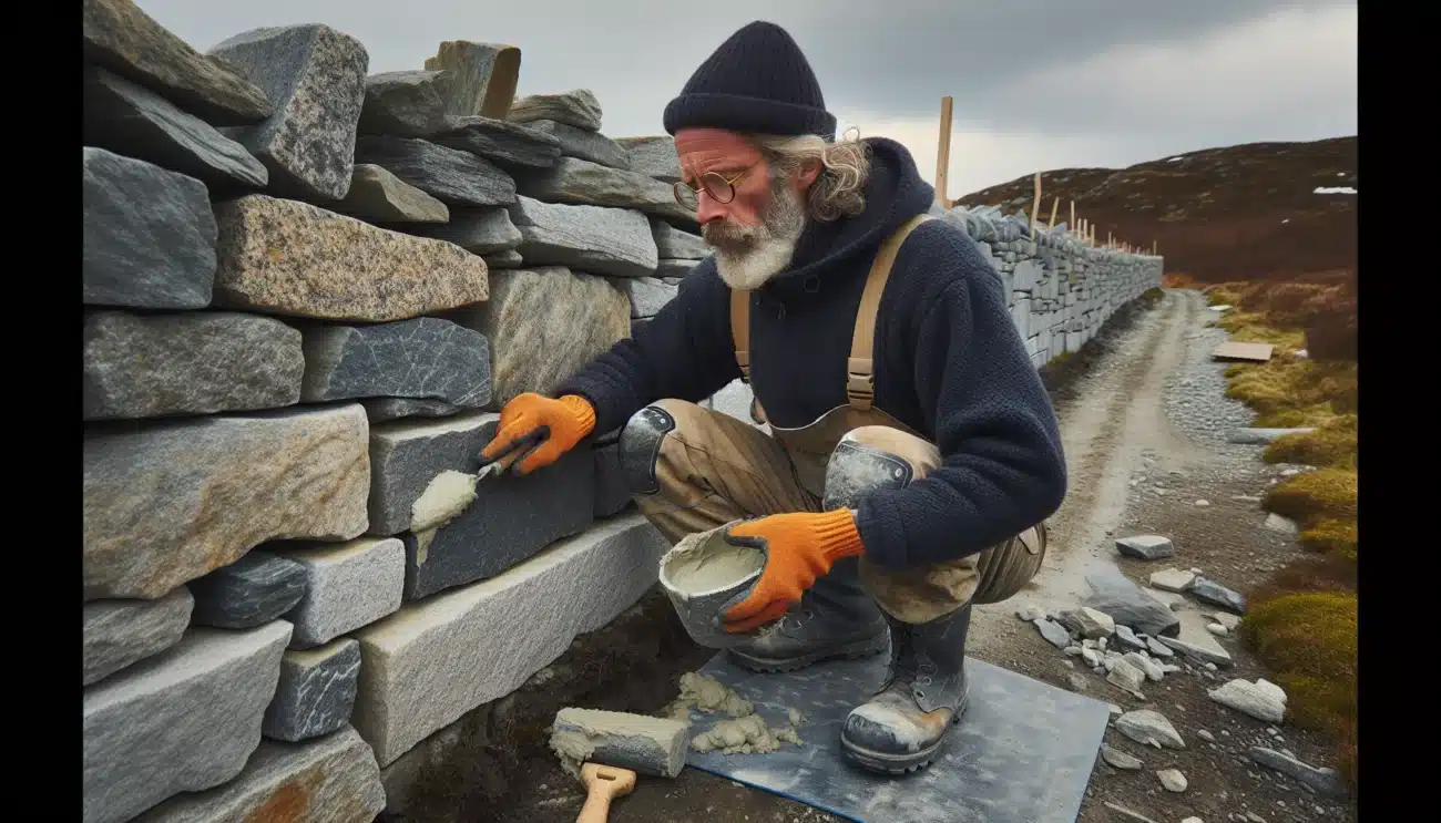 Craftsperson repointing an old norwegian stone wall with lime mortar