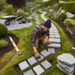 Homeowner laying granite garden path on compacted gravel in norway