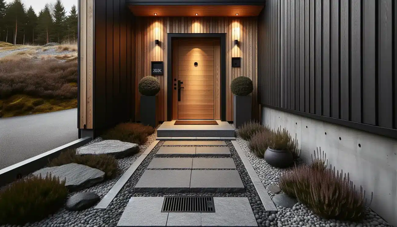 Modern norwegian entrance with granite path stone steps and warm porch light