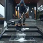 Norwegian homeowner on textured granite steps during sleet showcasing frost safe stone choices