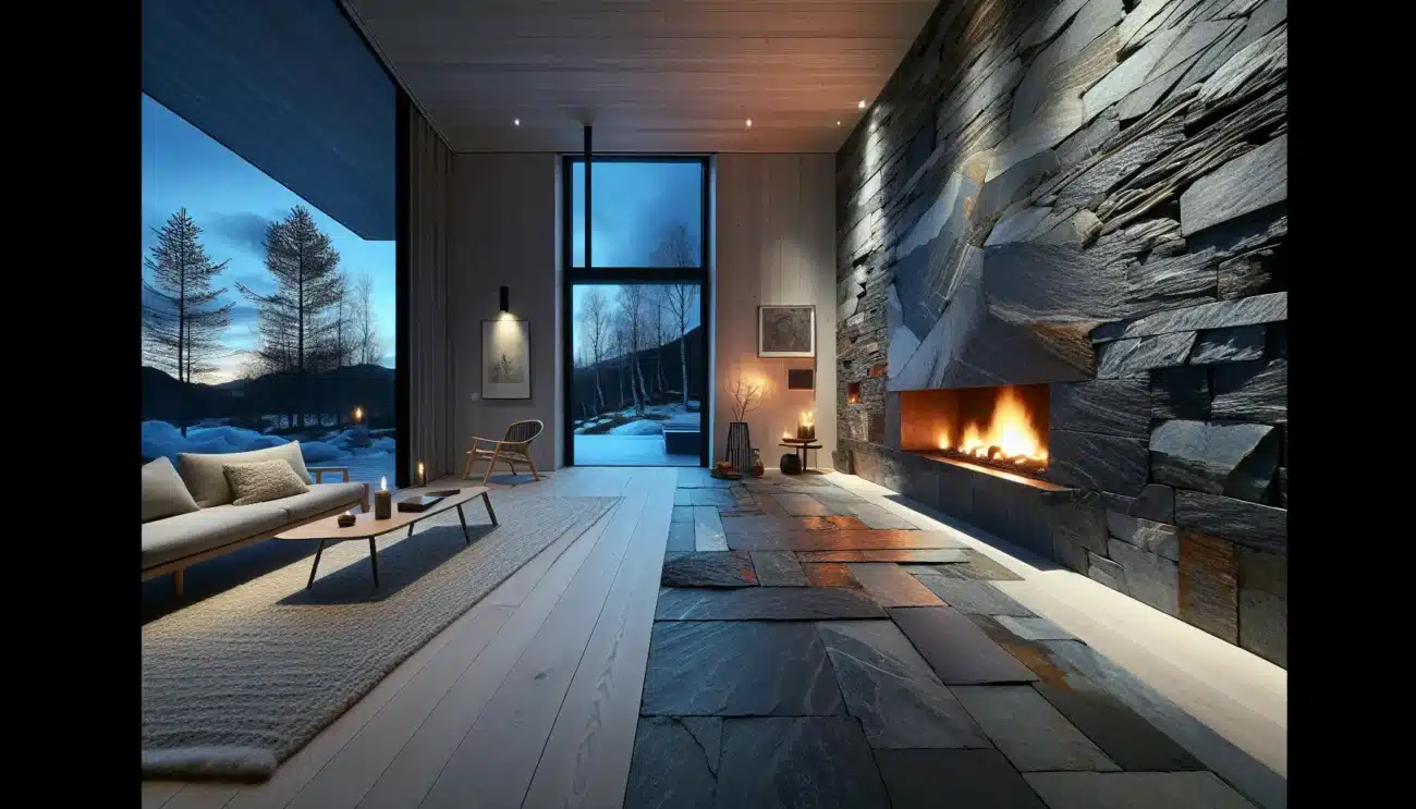 Norwegian living room with rustic slate fireplace granite floor and warm lighting