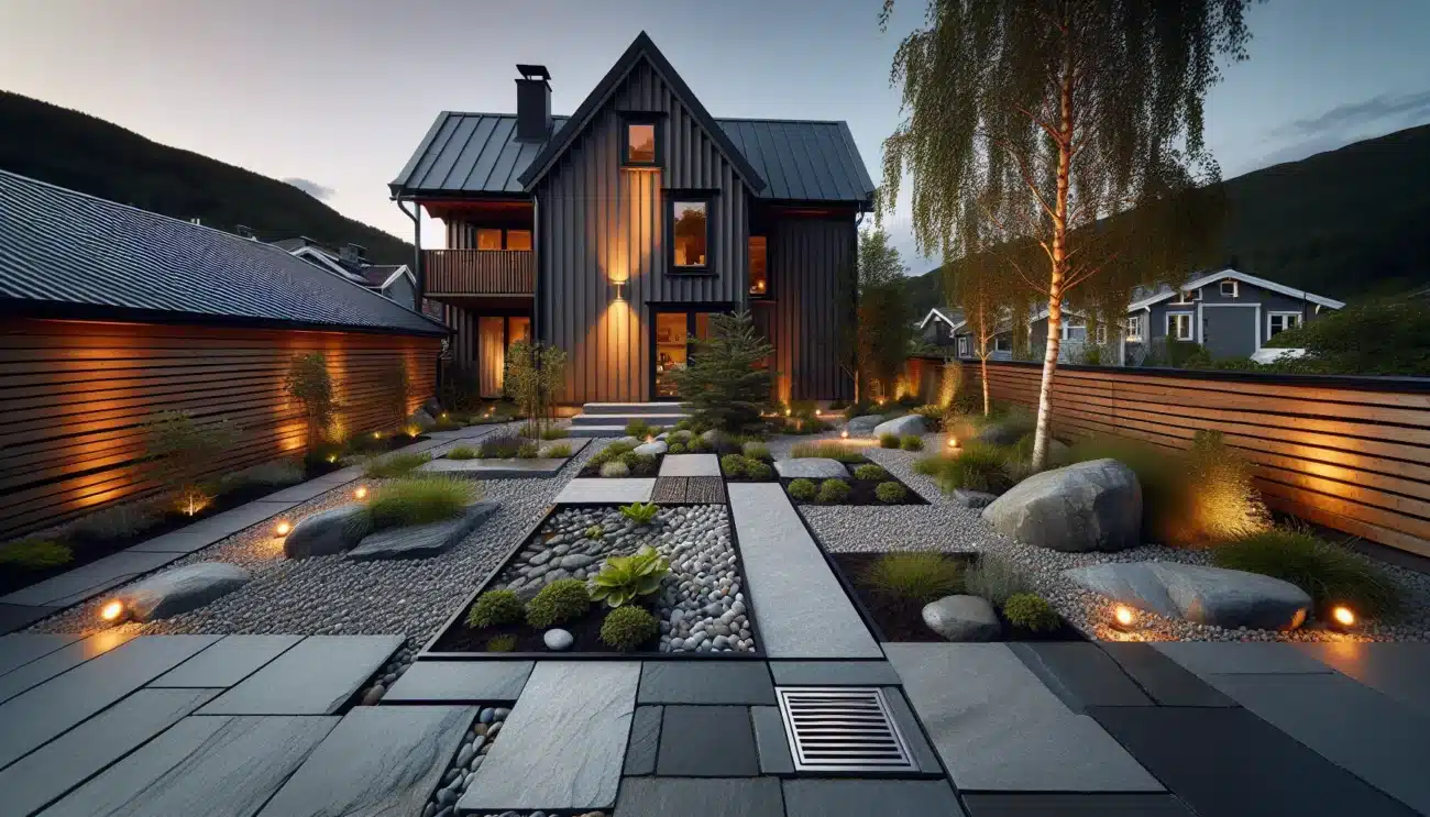 Norwegian stone garden with slate patio gravel paths and low care plants