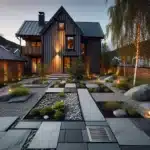 Norwegian stone garden with slate patio gravel paths and low care plants