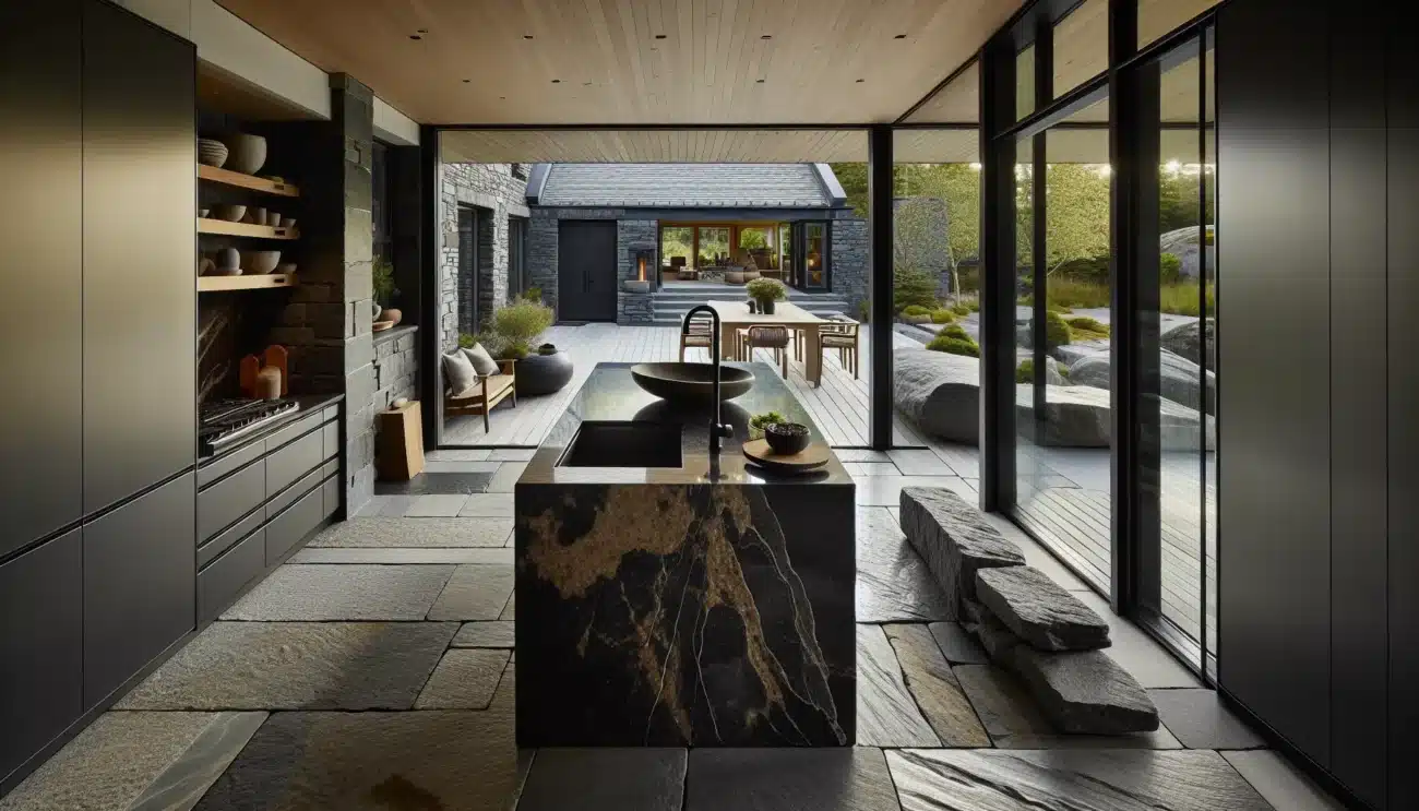 Scandinavian kitchen and terrace with granite and slate in norwegian light