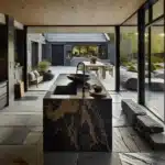 Scandinavian kitchen and terrace with granite and slate in norwegian light