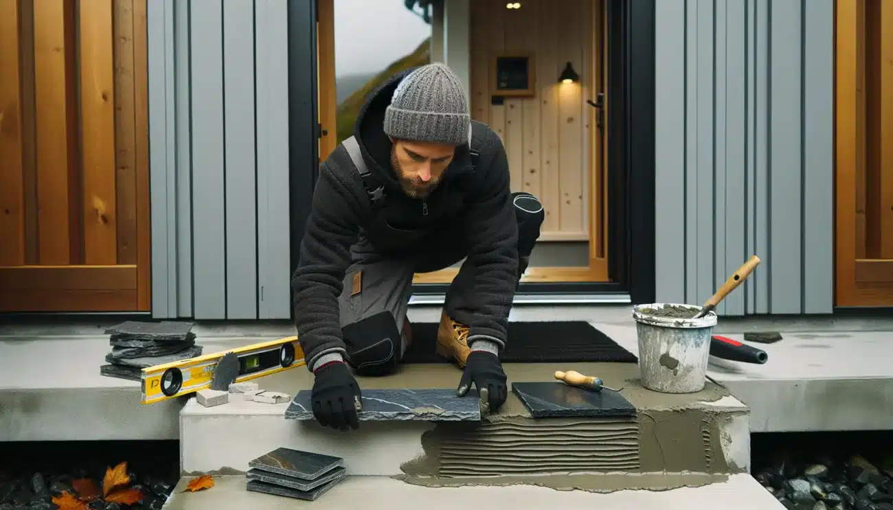 Worker double buttering slate on a norwegian outdoor step in cool daylight