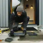 Worker double buttering slate on a norwegian outdoor step in cool daylight