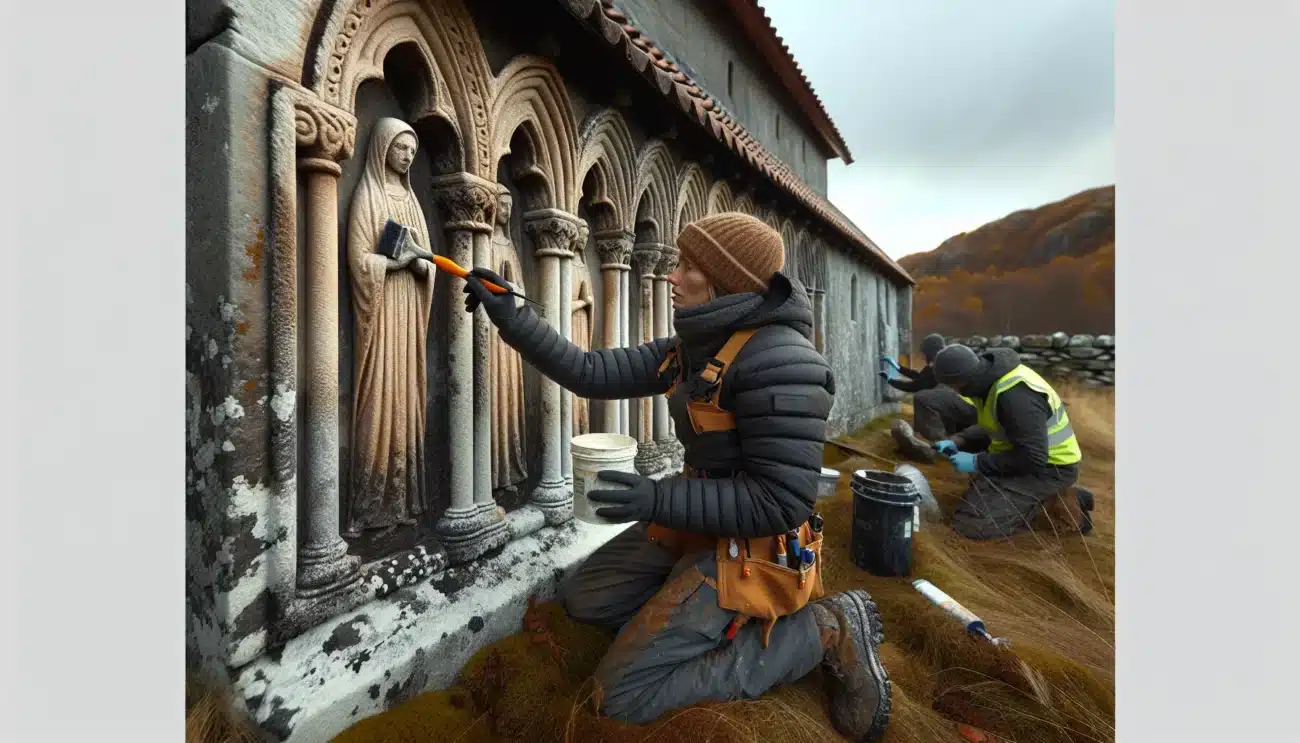 Conservators carefully restore a weathered medieval stone church in rural norway