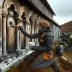 Conservators carefully restore a weathered medieval stone church in rural norway