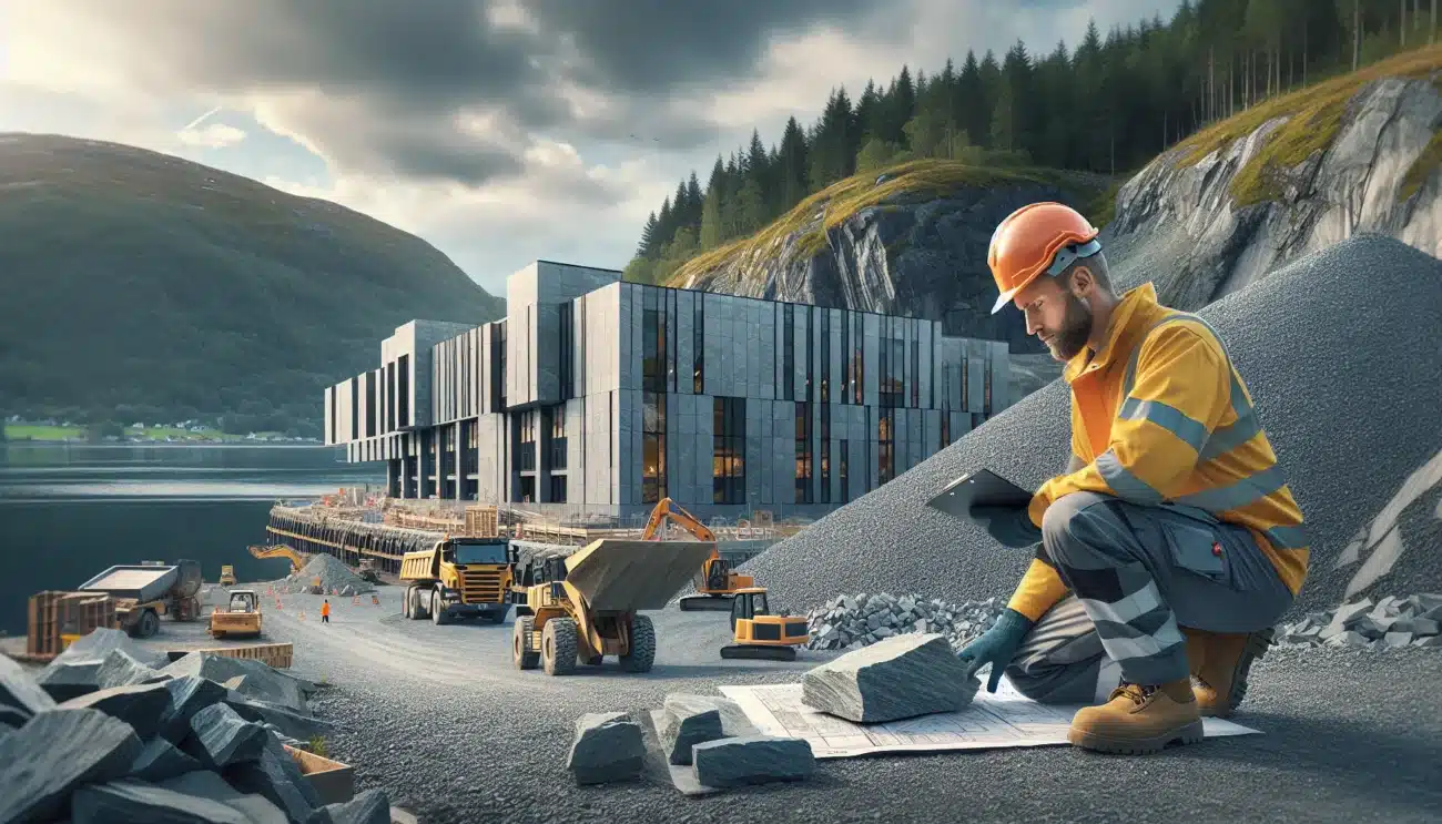 Engineer inspects locally quarried norwegian stone at sustainable building site near fjord