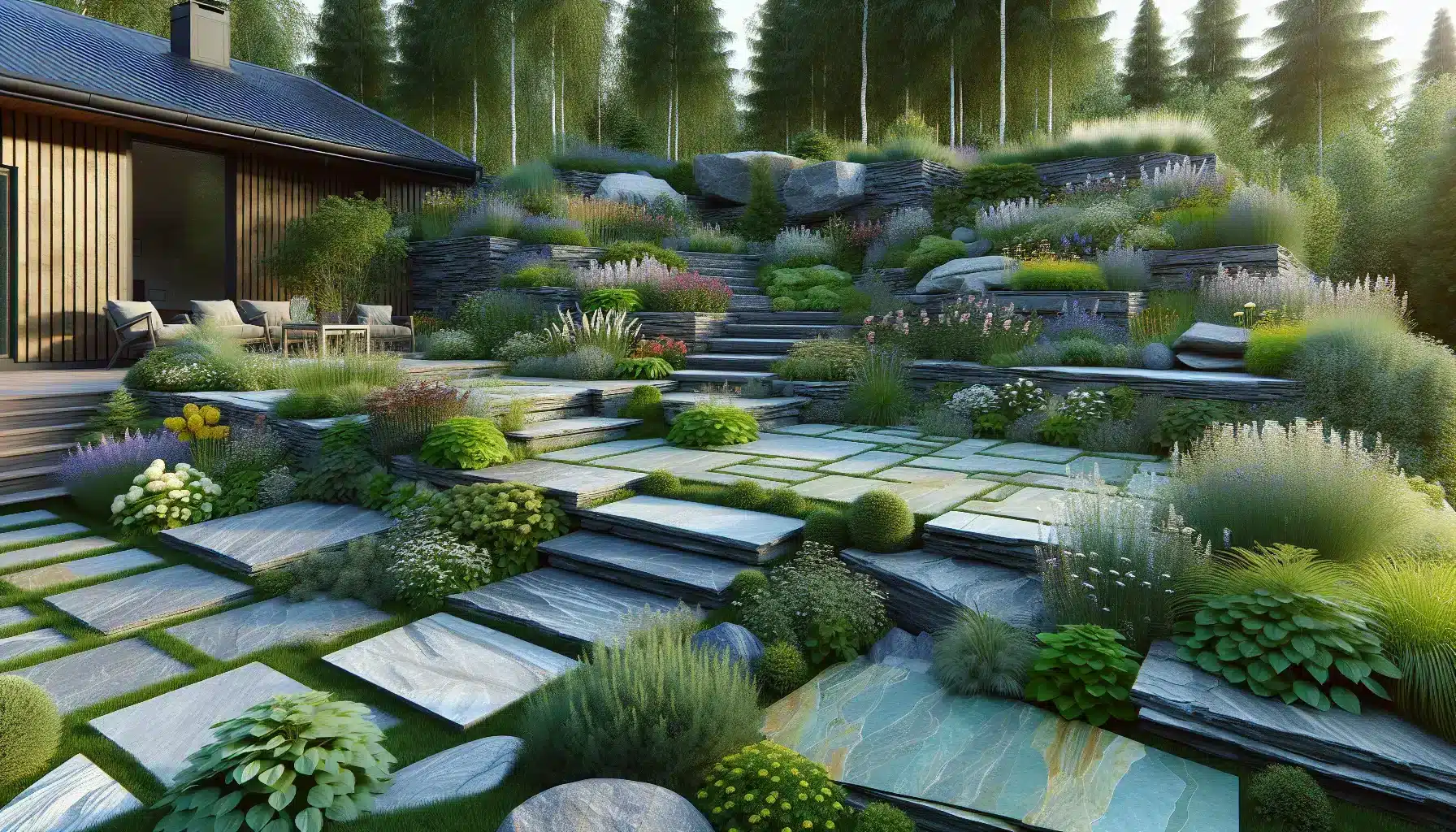 Inspirasjon: bruk av naturstein i hagedesign for tidløst, eksklusivt og bærekraftig uterom 2 Forskjellige natursteinstyper gir varierte estetiske og praktiske egenskaper i hagedesign – illustrasjon