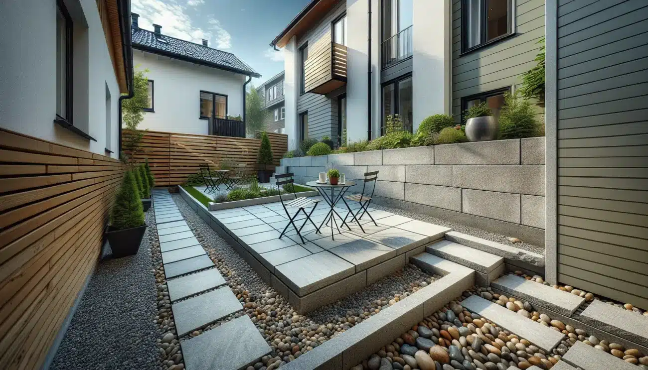 Liten norsk hage med ulike steintyper sitteplass gangsti og lav natursteinsmur