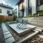 Liten norsk hage med ulike steintyper sitteplass gangsti og lav natursteinsmur