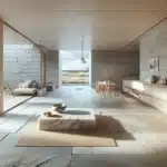 Minimalist norwegian living room and kitchen with stone floor island and wall