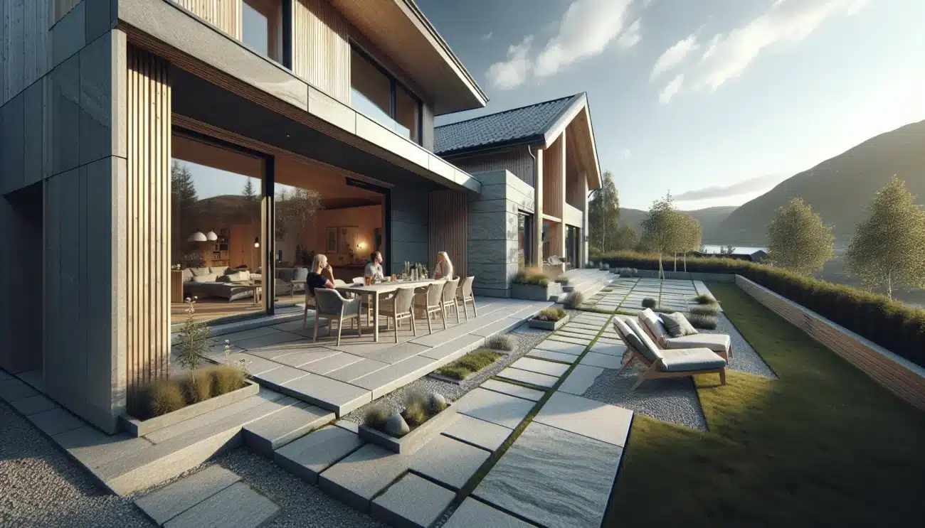 Modern norwegian home with a large stone terrace and relaxing couple outdoors