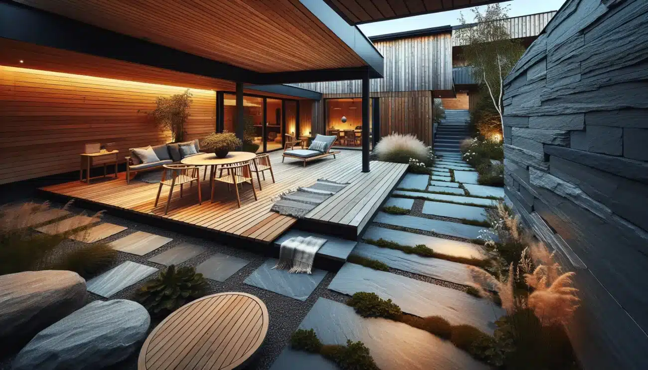 Norsk hage med treterrasse innrammet av skifer planter og lun kveldslighting