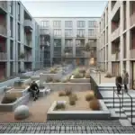 Small norwegian urban courtyard garden with granite paving gravel and lush planting